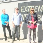 Photo on the rooftop of Art Center's Media Design Practices Wind Tunnel in Pasadena, CA, of Christian Denhart, Eric Lewallen, Marcus Filipovich, Anne Burdick & Maggie Hendrie, announcing the awards for MDP's Extreme Wearables Designathon