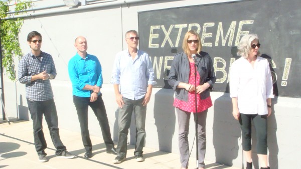 Photo on the rooftop of Art Center's Media Design Practices Wind Tunnel in Pasadena, CA, of  Christian Denhart, Eric Lewallen, Marcus Filipovich, Anne Burdick & Maggie Hendrie, announcing the awards for MDP's Extreme Wearables Designathon