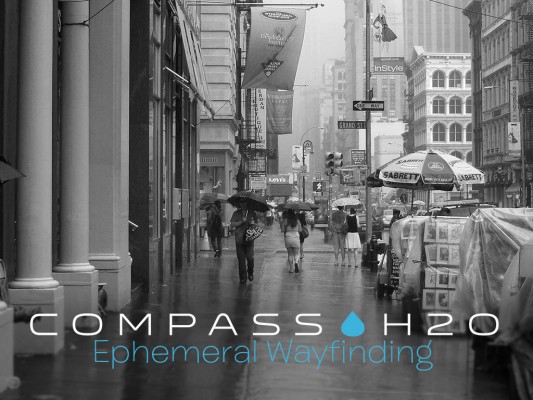 Black-and-white photo of New York City in the rain with the superimposed text "Compass H2O: Ephemeral Wayfinding"